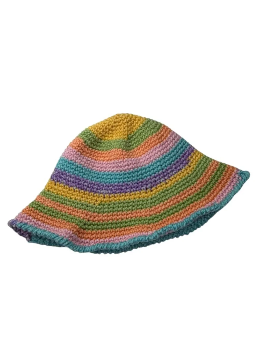 Pastel Rainbow Striped Crocheted Bucket Hat Handmade Kidcore Sun Cap